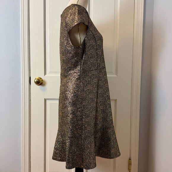 Michael Kors Metallic Black & Gold Flounce Hem Cap Sleeve Fit & Flare Dress, L - Picture 3 of 9